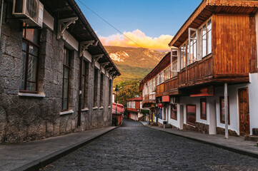 Fototapeta na wymiar beautiful historical street with ancient architecture in the seaside town of Gurzuf in the Crimea