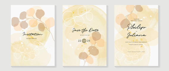 Abstract botanical wedding invitation card template. Yellow watercolor card background with leaves, leaf branches, eucalyptus. Herbal vector design suitable for banner, cover, invitation, prints.