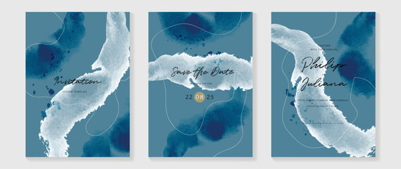 Abstract watercolor texture wedding invitation card template. Blue watercolor card background with line art and light blue color. Elegant vector design suitable for banner, cover, invitation, prints.