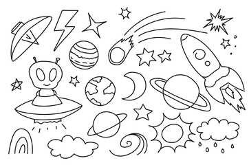 Vector illustration of cute doodles on the theme of space. A hand-drawn set of cute doodles for decoration on a white background. Funny hand-drawn doodles, a coloring page.