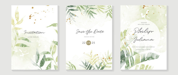 Fototapeta na wymiar Luxury botanical wedding invitation card template. Green watercolor card background with gold glitters, leaf branches, tropical plants Elegant vector design suitable for banner, cover, invitation.