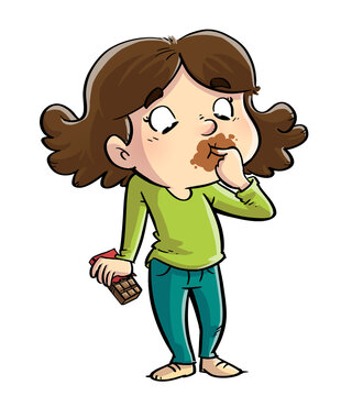 Illustration of a little girl eating a chocolate bar