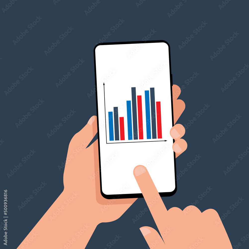 Poster chart on the smartphone screen in the hands in flat style. analytics. statistics. finance. marketing