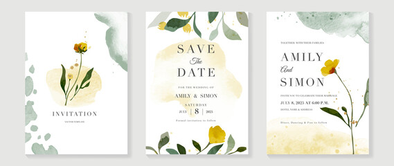 Luxury botanical wedding invitation card template. Blossom card background with leaf branch, yellow flowers, gold glitters. Elegant watercolor vector design suitable for banner, cover, invitation.