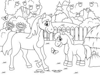 Agricultural yard. Horse and foal. Children coloring book.