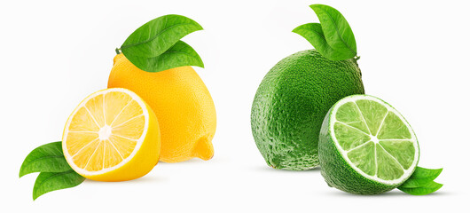 Set ripe lemon and lime one cut in half with leaf