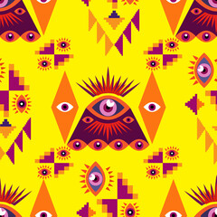 Awesome seamless pattern with esoteric eye different shapes, Magic, witchcraft, occult symbol, colorful line art. fabric, paper, textile. Vector Modern mythic graphic background illustration.