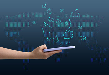 Mobile phone notifications for published news, likes and comments in the global social network. A woman's hand holds a phone on a blue background.