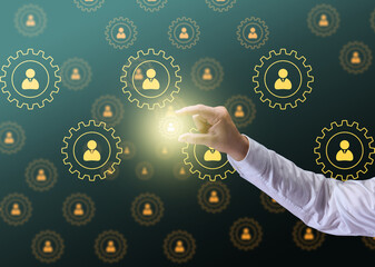 office workers icons in round gears and male hand. Concept of hierarchy in the company, corporate...