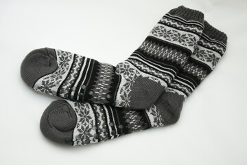 pair of winter wool socks with a pattern. skid socks,