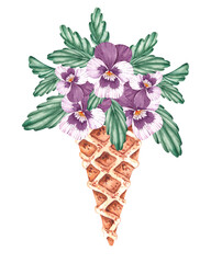 Watercolor waffle cone with pansies on a white background