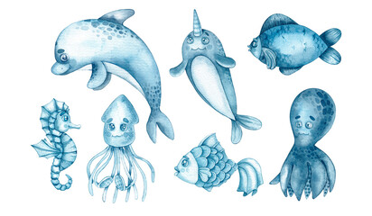 Watercolor blue set of marine life on a white background © SashaKondr