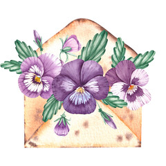 Watercolor envelope with pansies on a white background