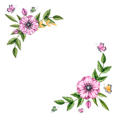 Watercolor frame with anemones on a white background