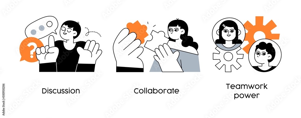 Poster strategies to build collaborative teams - set of abstract business concept illustrations. discussion