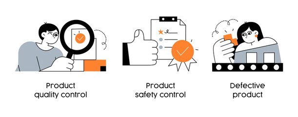 Quality control and product satisfaction research check - set of abstract business concept illustrations. Product quality control, Product safety control, Defective product. Visual stories collection.