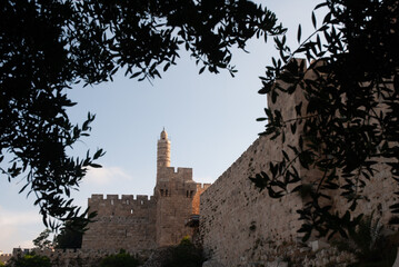 View of the landmark, stone Tower of David and the surrounding walls and greenery of the Old City of Jerusalem. © Yehoshua Halevi