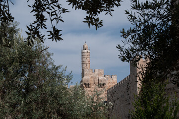 View of the landmark, stone Tower of David and the surrounding walls and greenery of the Old City of Jerusalem. © Yehoshua Halevi