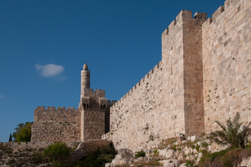 View of the landmark, stone Tower of David and the surrounding walls and greenery of the Old City of Jerusalem. © Yehoshua Halevi