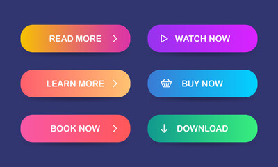 Read more, Learn more, Book now, Watch now, Buy now, Download. Set of modern multicolored buttons with gradient for web sites and social pages. Vector. EPS 10
