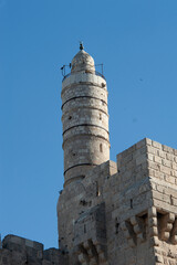 Closeup detail of the landmark stone Tower of David minaret located next to the Jaffa Gate in the Old City of Jerusalem.