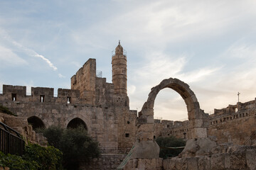 Stone arch and the Tower of David as seen from the courtyard of the Tower of David Museum in the Old City of Jerusalem.