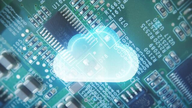 Hologram cloud storage under cyber attack with red malware alarm. Microchip processor circuit board in background