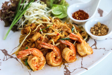 Pad Thai , stir-fried rice noodles with shrimp , Thai food style
