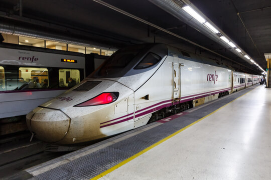 AVE Talgo 250 high-speed train operated by RENFE rail at Barcelona Sants railway station in Spain