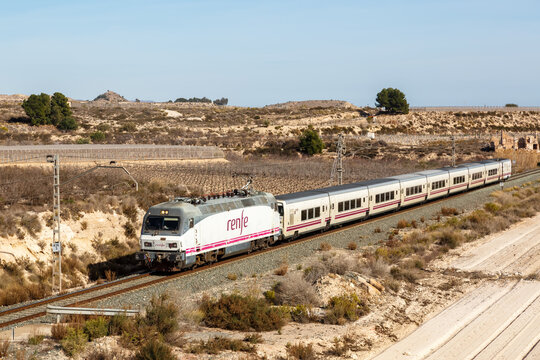 Talgo train of RENFE in the Sierra del Cid near Alicante in Spain