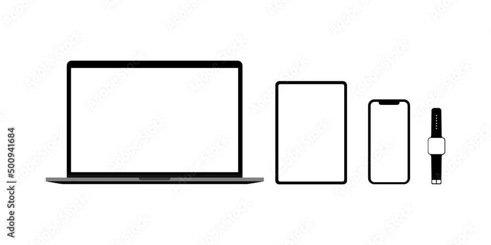 Poster laptop tablet smartphone and smart watch a set of empty monitors in black. new devices. vector illus