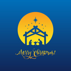 Birth of Christ, Silhouette of Mary, Joseph and Jesus with text Merry Christmas. Vector EPS 10