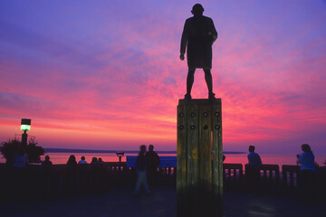 Anchorage, USA – July 10, 1996: Captain Cook Memorial at dusk, Resolution park, Anchorage,...