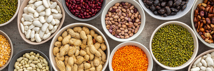 Banner of different types of legumes in bowls, green with yellow peas and mung beans, chickpeas and peanuts, colored beans and lentils, top view