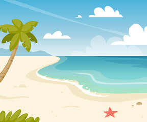 Fototapeta na wymiar Cartoon sea coast with palm. Paradise tropical beach background. Summer azure seascape.