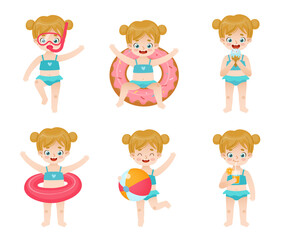 Summer set of adorable baby girl in swimsuit. Vacation activity collection of cartoon girl on the beach.