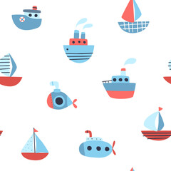 Fototapeta na wymiar Cute marine baby pattern with sea ships. Seamless vector nautical print for textile and fabric.