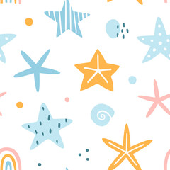 Cute pattern with sea stars. Starfish vector seamless print for textile, fabric and apparel.