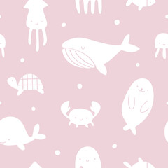 Cute sea animals silhouette pink pattern. Doodle stamp marine seamless vector baby print.