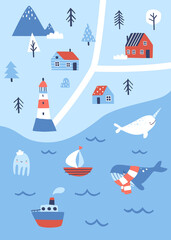 Scandinavian nautical map for nursery carpet. North coastal village print with beacon and sea.