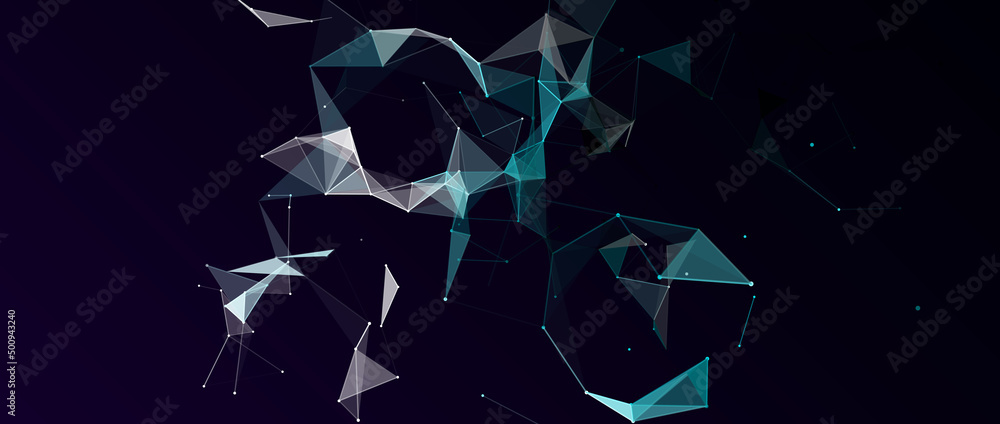 Poster connection of colored lines and shapes in space. big data visualization. digital background. 3d vect