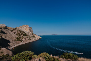 Fototapeta na wymiar View of Mount Eagle In resort village of Novy Svet in Crimea on Black Sea coast in summer