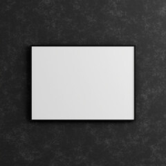 Modern and minimalist horizontal black poster or photo frame mockup on the industrial black wall. 3d rendering.