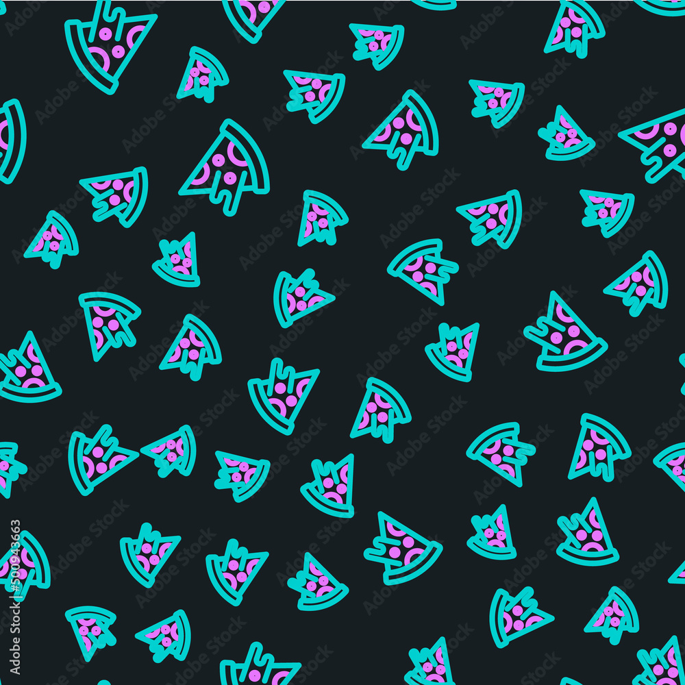 Poster line slice of pizza icon isolated seamless pattern on black background. fast food menu. vector