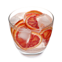 Delicious refreshing drink with sicilian orange and ice cubes in glass isolated on white