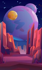 Satellite planets in space. Rocky landscape. Starry night sky. Beautiful stone scenery. Cartoon flat style design. Vector