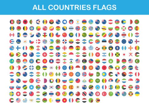 Flags of all countries round web buttons in flat. Vector EPS 10