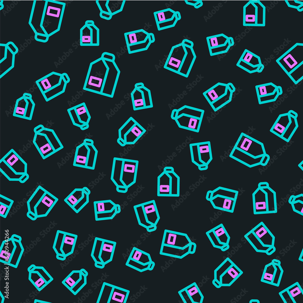 Poster line paper package for milk icon isolated seamless pattern on black background. milk packet sign. ve