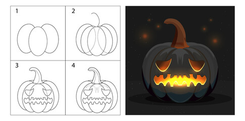Step-by-step explanation of pumpkin drawing. Cartoon character on a dark background. Coloring sheets, line and coloring tutorial, illustration for children's coloring book.
 - obrazy, fototapety, plakaty