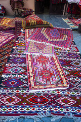 Old beautiful decorated carpets in the street market in Tbilisi Old town, Georgia